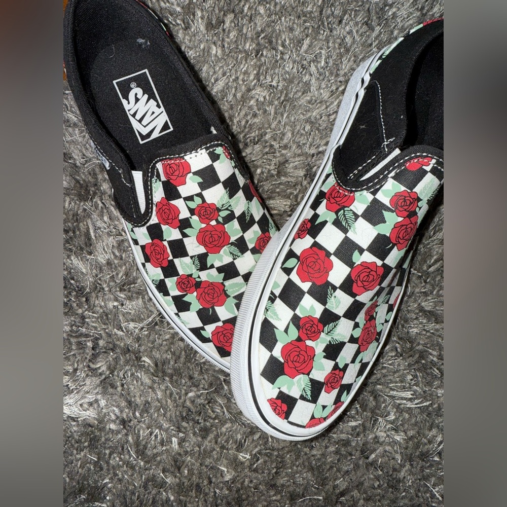 Vans Black and White Rose Checkerboard Slip-Ons